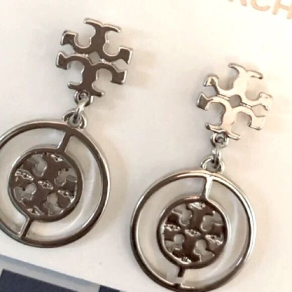 NWOT Tory Burch Silver Logo With Round Drop Logo Earring’s - Picture 1 of 5